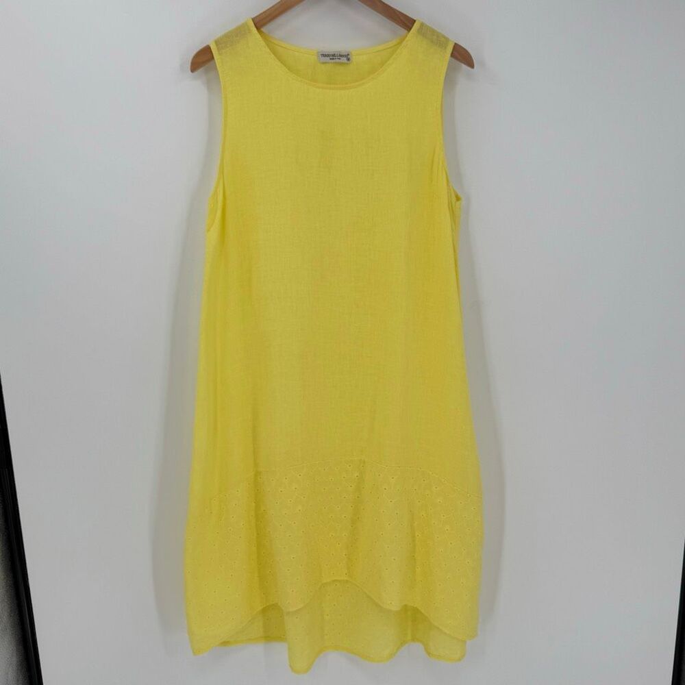 Terzo Millennio Yellow 100% Linen Italy Sleeveless Midi Eyelet Hem Dress Medium